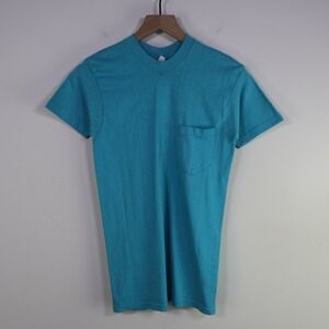 Vintage 80s Pocket‎ T-Shirt Medium Turquoise Blue Blank 50/50 Made in USA Retro